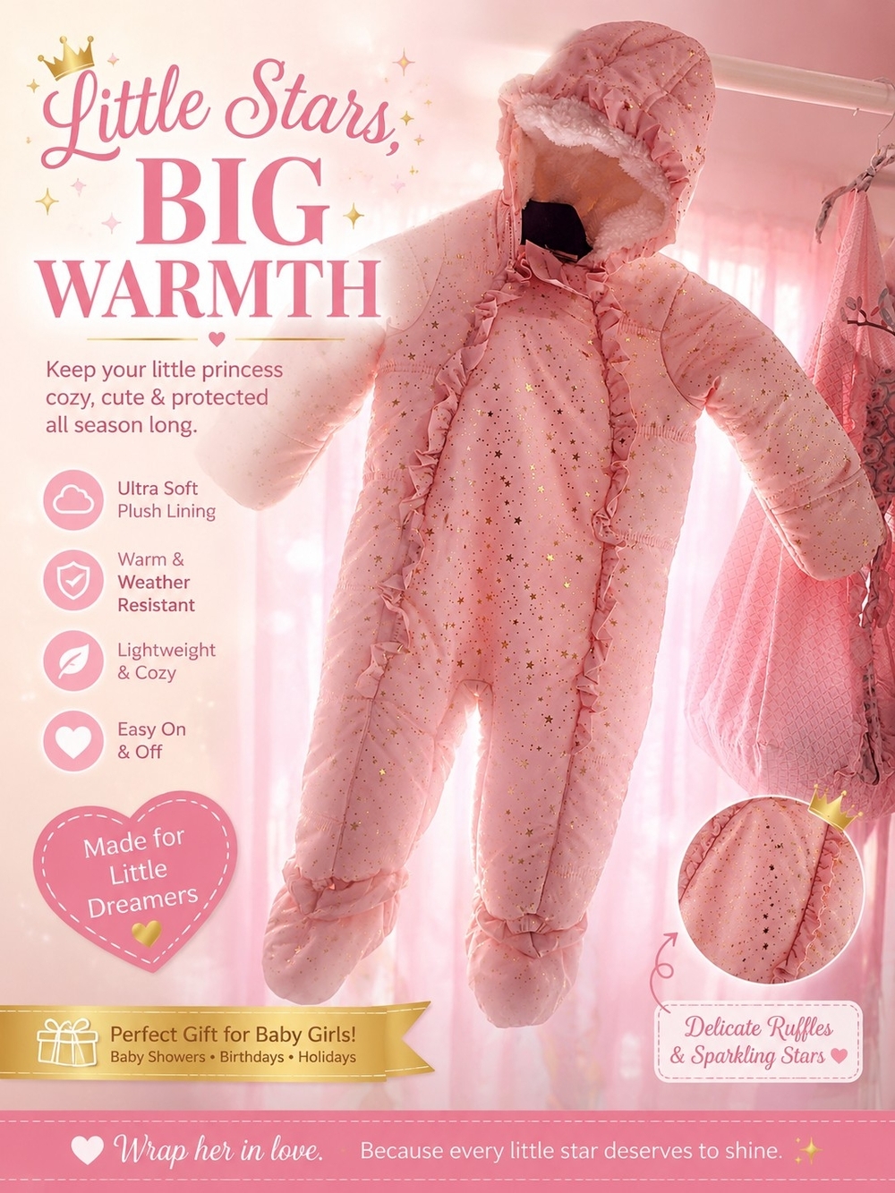 First Impressions Pink Star-Print Puffer Snowsuit with Ruffle Trim
